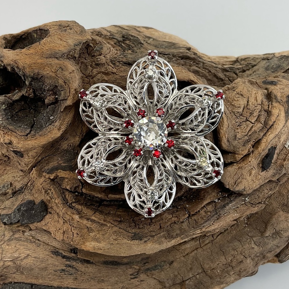 Vintage, Silver Filigree Floral Brooch with Clear & Red Crystals, Jay Flex
